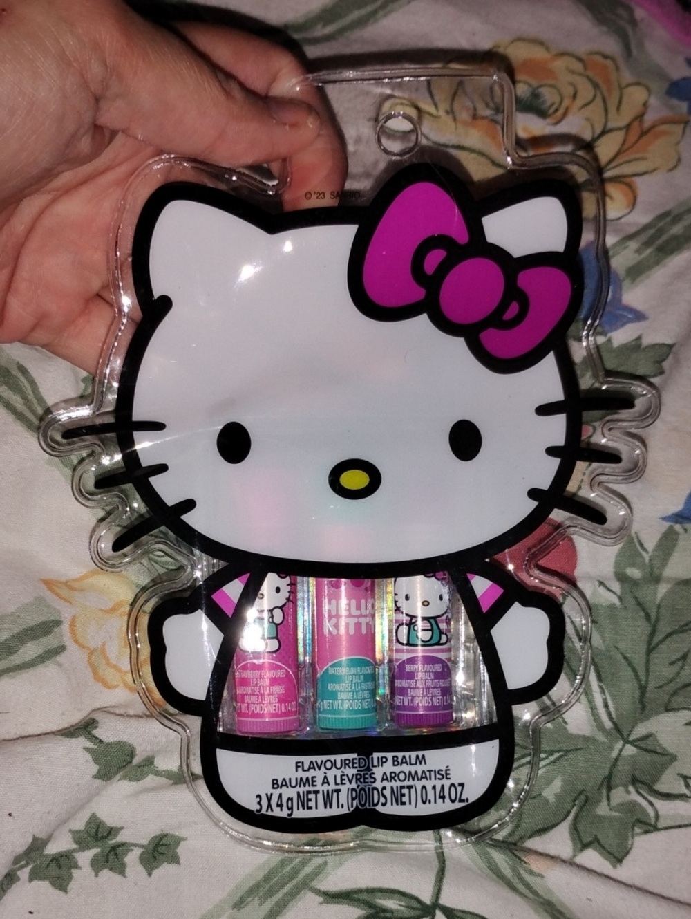 Hello Kitty Lip Balm Trio in Pink, Teal, Purple Holder